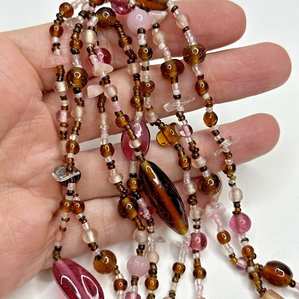 Glass Continuous Necklace Beaded Pink Brown Clear White Tan 60